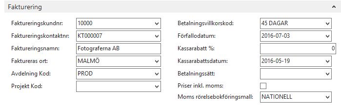 Fältförklaring fliken Fakturering: Faktureras kundnr Faktureringskontaktnr Fatureringsnamn Fakureras ort Avdelning Kod Projekt Kod Betalningsvillkor Förfallodatum Kassarabatt % Kassarabattsdatum