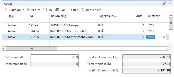 Fältförklaring fakturarader: Ser i stort sett likadan ut som kortet på försäljningsorder. Radtyp Nr Beskrivning Antal Enhet A-pris exkl. Moms Radbelopp exkl.