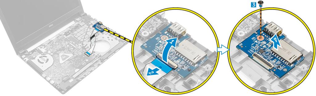 Installera USB-kortet 1 Placera USB-kortet i kortplatsen på datorn. 2 Dra åt skruven som håller fast USB-kortet i datorn. 3 Anslut kabeln för USB-kortet till kontakten på USB-kortet.