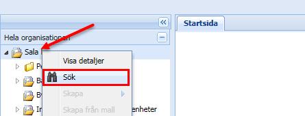 Längst till vänster ser du organisationsträdet. För att klicka sig ner i organisationsstrukturen så klickar du på pilarna till vänster om organisationsnamnet.