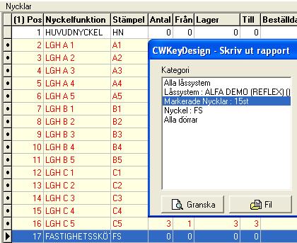 Du kan både lägga till och ta bort cylindrar/nycklar från ett urval, hur du gör detta beskrivs i avsnitt längre fram.