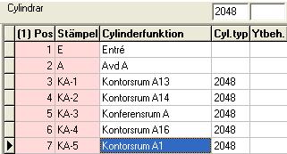 Nyckel FS är här markerad med en pil utan prick, den är då vald aktiv (pil), eftersom den är den sista nyckel som pekats ut, men ingår ej i urvalet (ingen prick).