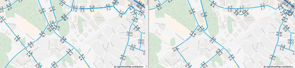 Framkomlighet i form av relativ hastighet i vägnätet för nordöstra Veddesta kl. 16-17.