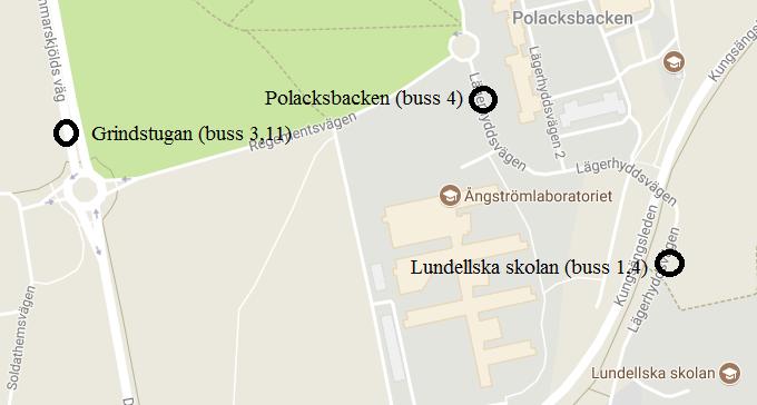 Torsdag Uppsala Centralstation Ångström (restid ca 10 min): Buss 4 mot Gottsunda Östra via Ulleråker Ultuna från läge B4, hoppa av vid