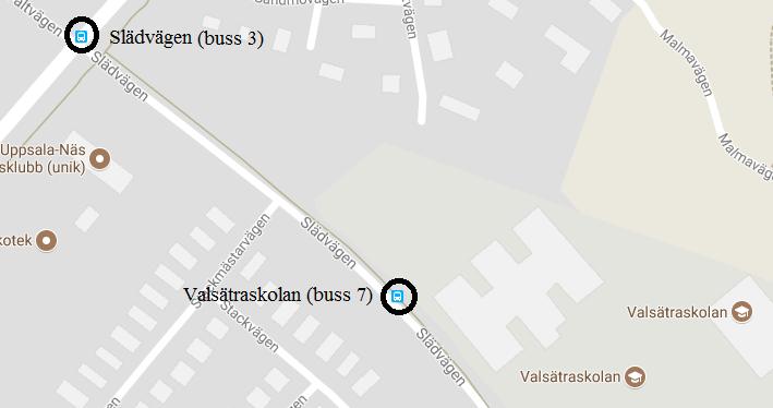 Buss 3 mot Gottsunda Östra läge B, hoppa av vid Slädvägen Eller Gå ca 500 m till hållplats Grindstugan (se karta 1) och ta buss 3