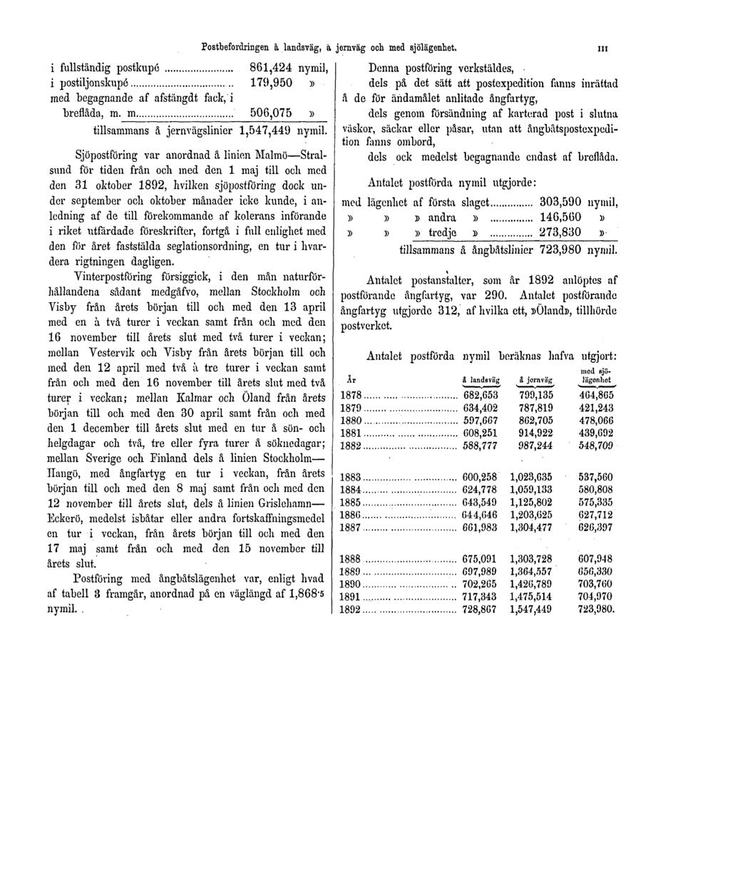 i fullständig postkupé 861,424 nymil, i postiljonskupé 179,950» med begagnande af afstängdt fack, i breflåda, m. m 506,075» tillsammans å jernvägslinier 1,547,449 nymil.