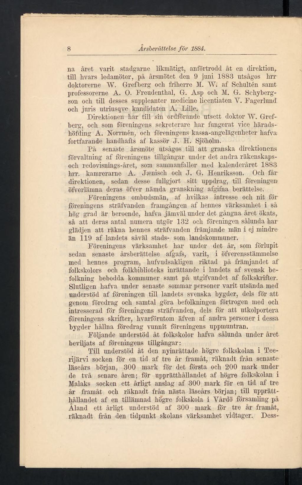 8 Årsberättelse för 18S4. na året varit stadgarne likmätigt, anförtrodd åt en direktion,, till livars ledamöter, på årsmötet den 9 juni 1883 utsagos hrr doktorerne W. Grefberg och friherre M. W. af Schulten samt professorerne A.