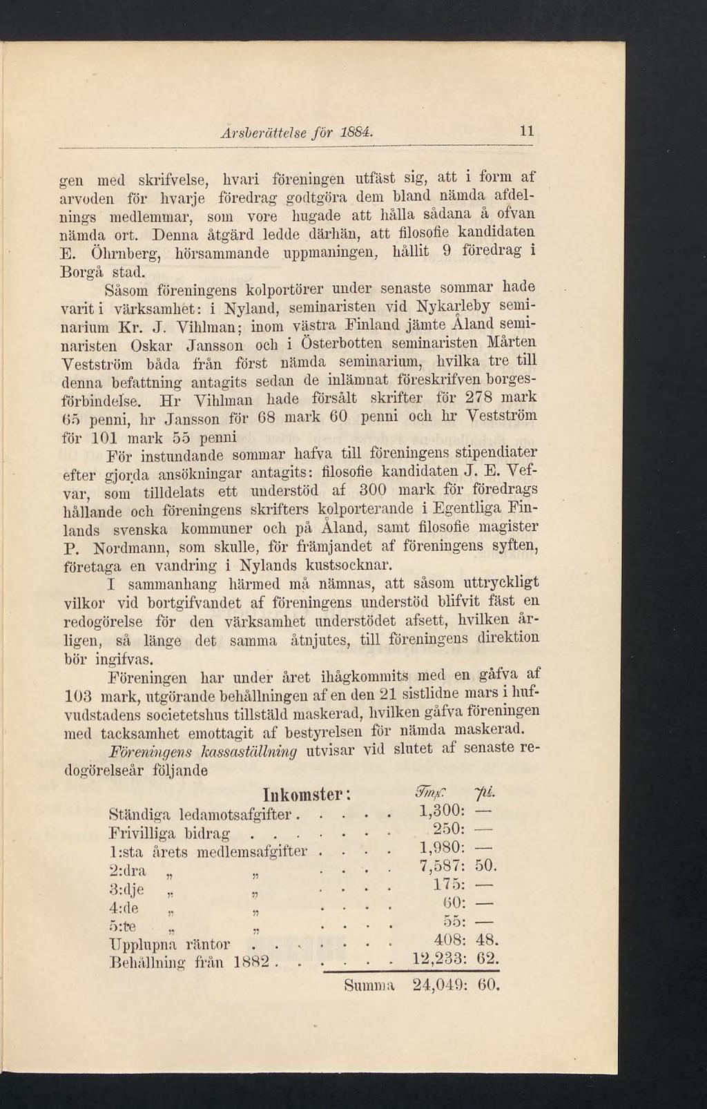 Årsberättelse för 1884.