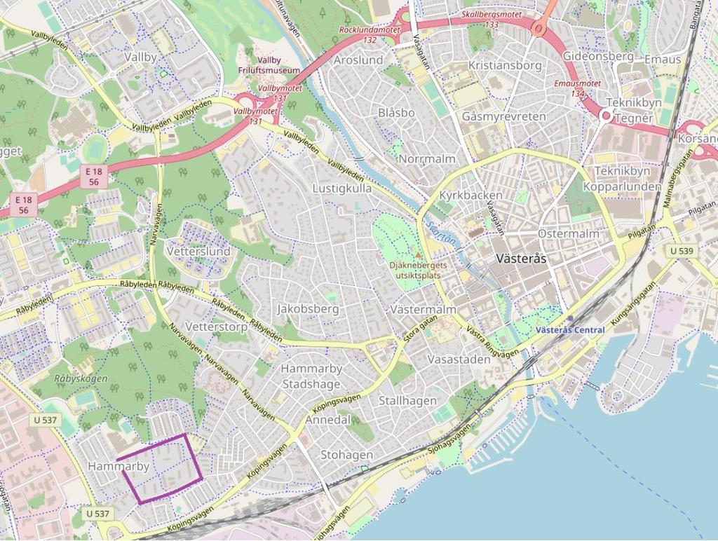 1 Figur 2: Utredningsområdets läge i Västerås markeras med lila ruta (källa: egen bearbetning av openstreetmap.org 2017-09-06) 2.