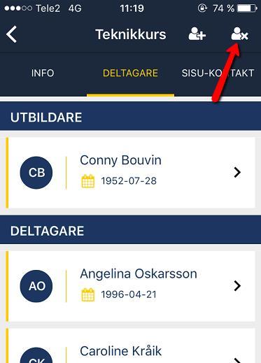 Ta bort deltagare från utbildning 1. Klicka på utbildningen. 2. Stå under fliken Deltagare 3. Klicka på symbolen bestående av en person och ett krysstecken. 4.