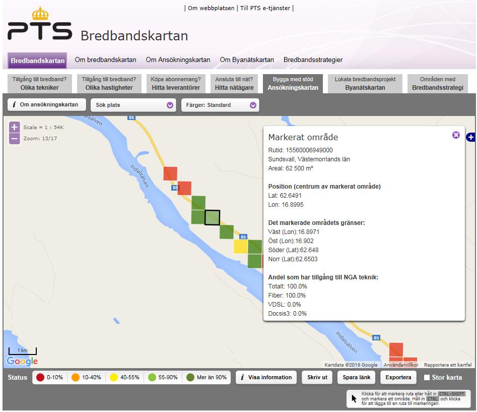 2(11) Tillgången till NGA i ansökningskartan baserar sig som sagt på underlag från PTS årliga bredbandskartläggning. För fiber och docsis 3.