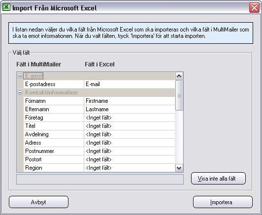 84 5.4.2 SamLogic MultiMailer - Hjälp Import från Excel - steg för steg Import från ett Excel kalkylark - steg för steg Här nedan visas hur du kan importera data från ett Microsoft Excel kalkylark: 1.