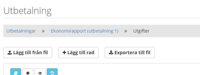 Lägg till flera utgiftsrader från fil (.csv fil) Klicka på Lägg till från fil för att importera en kommaseparerad(.csv) fil och därifrån lägga till flera utgiftsrader på en gång.