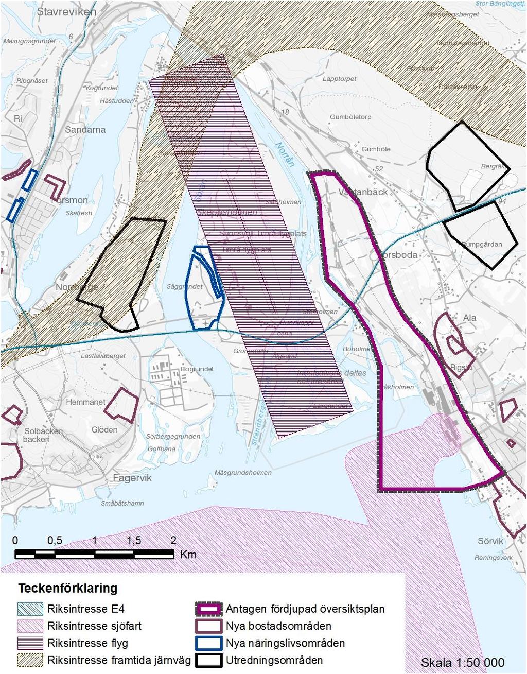 Figur 2.1. Karta över riksintressen för kommunikationer och andra intressen i flygplatsen närhet (hösten 2017). Källa Timrå kommun. OBS! Området inom korridoren är ett utredningsområde.