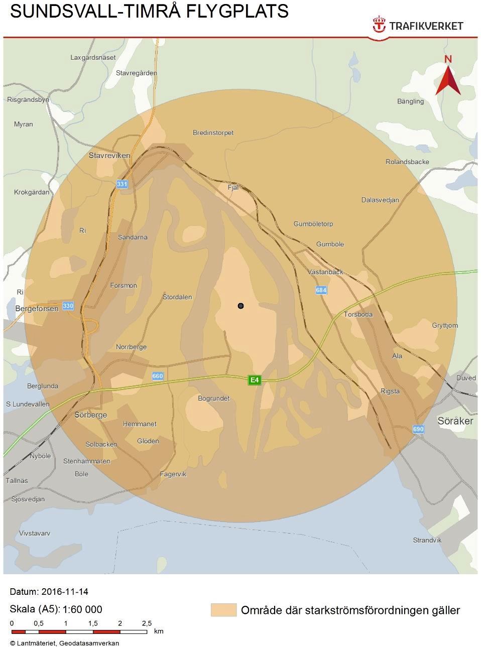 Det område inom vilket luftledningar för starkström ska undvikas ut vid flygplatsen