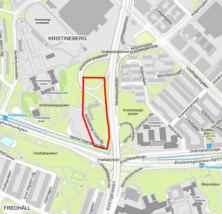 , Dp 2011-09773-54 Planområdet i hörnet Drottningholmsvägen Essingeleden. Utsnitt ur Stockholmskartan.