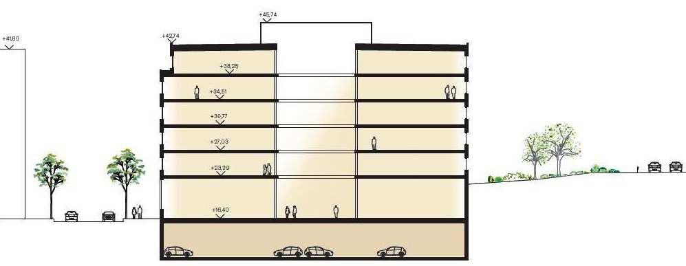SID 17 (29) Typsektion. Till vänster Kristinebergs Slottsväg och till höger naturmark och Essingeleden. (White arkitekter) Parkering Parkering för cyklar och bilar ska lösas inom fastigheten.