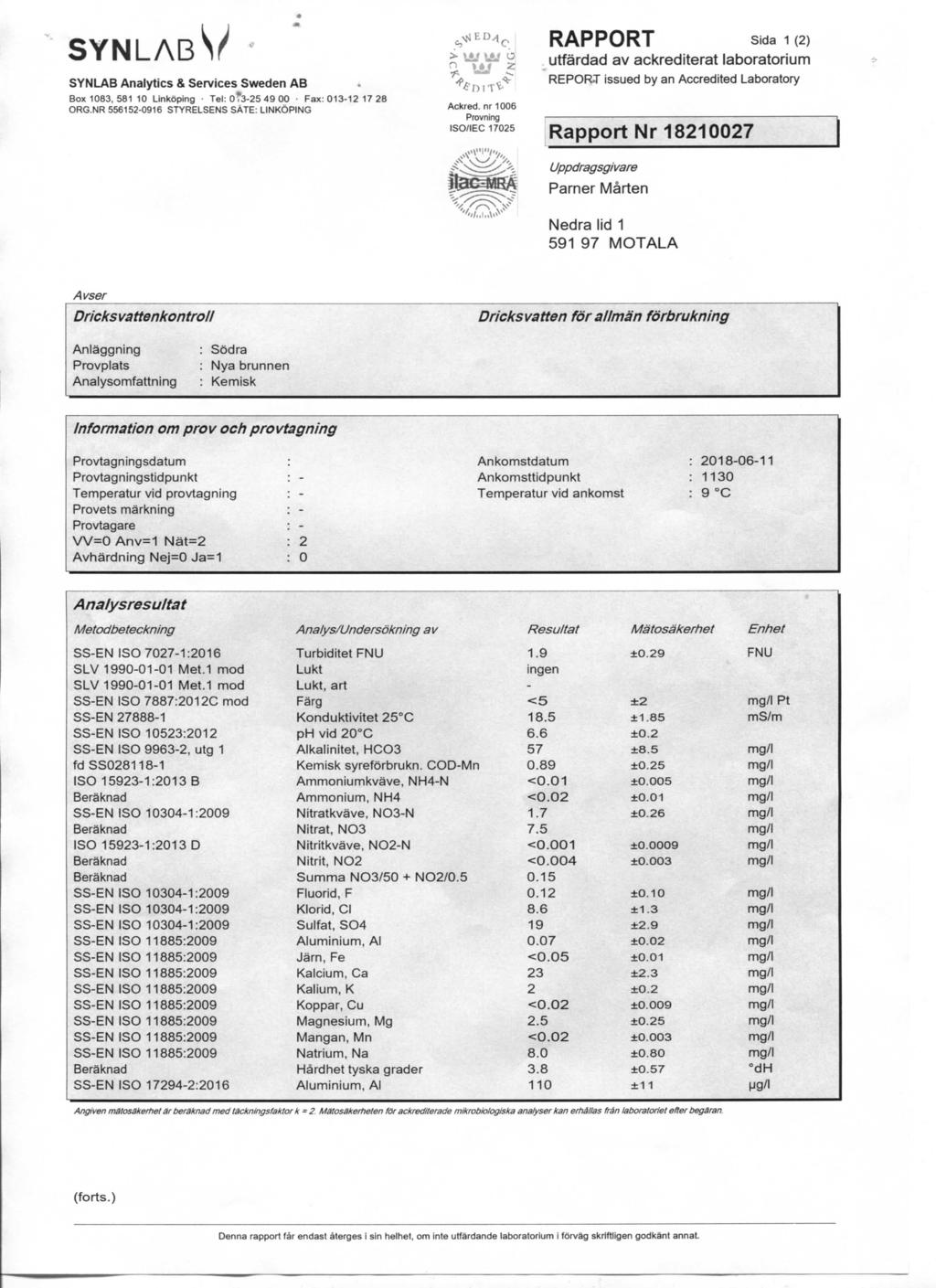 S / Box 1083, 581 10 Linkoping Tel: 0*3-25 49 00 Fax:013-12 17 28 RAPPORT Sida 1 (2) Rapport Nr 18210027 : Sodra : Nya brunnen : Kemisk Provtagningsdatum Ankomstdatum : 2018-06-11