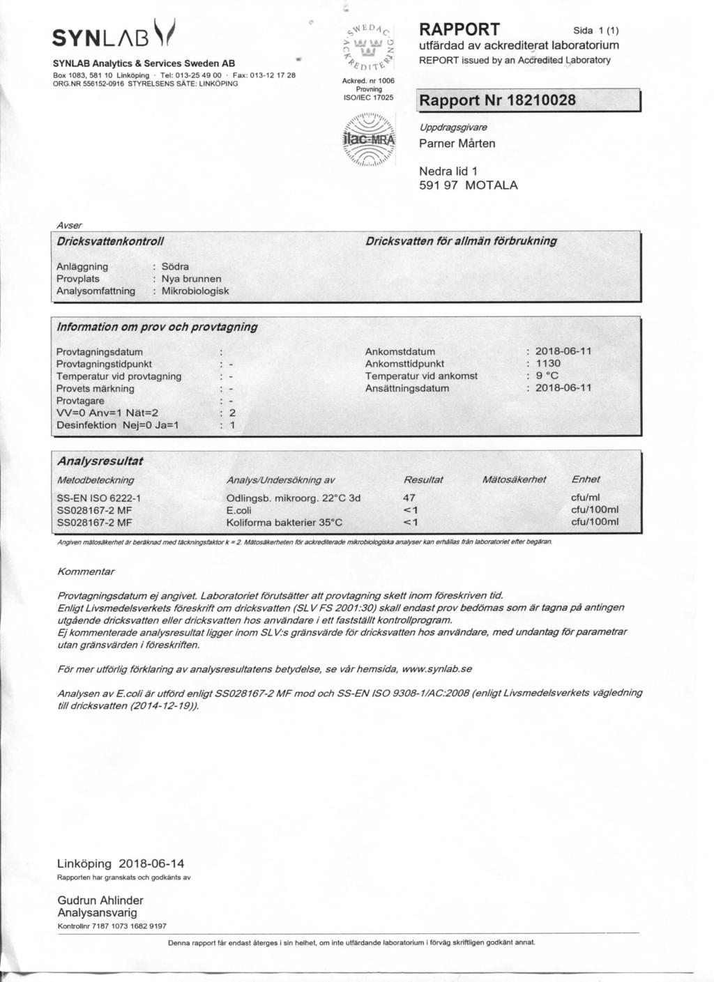 S / Box 1083, 581 10 Linkoping Tel: 013-25 49 00 Fax:013-12 17 28 RAPPORT Sida 1 (1) Rapport Nr 18210028 Dricks vattenkontroii Dricksvatten for aiiman forbrukning : Sodra : Nya brunnen :