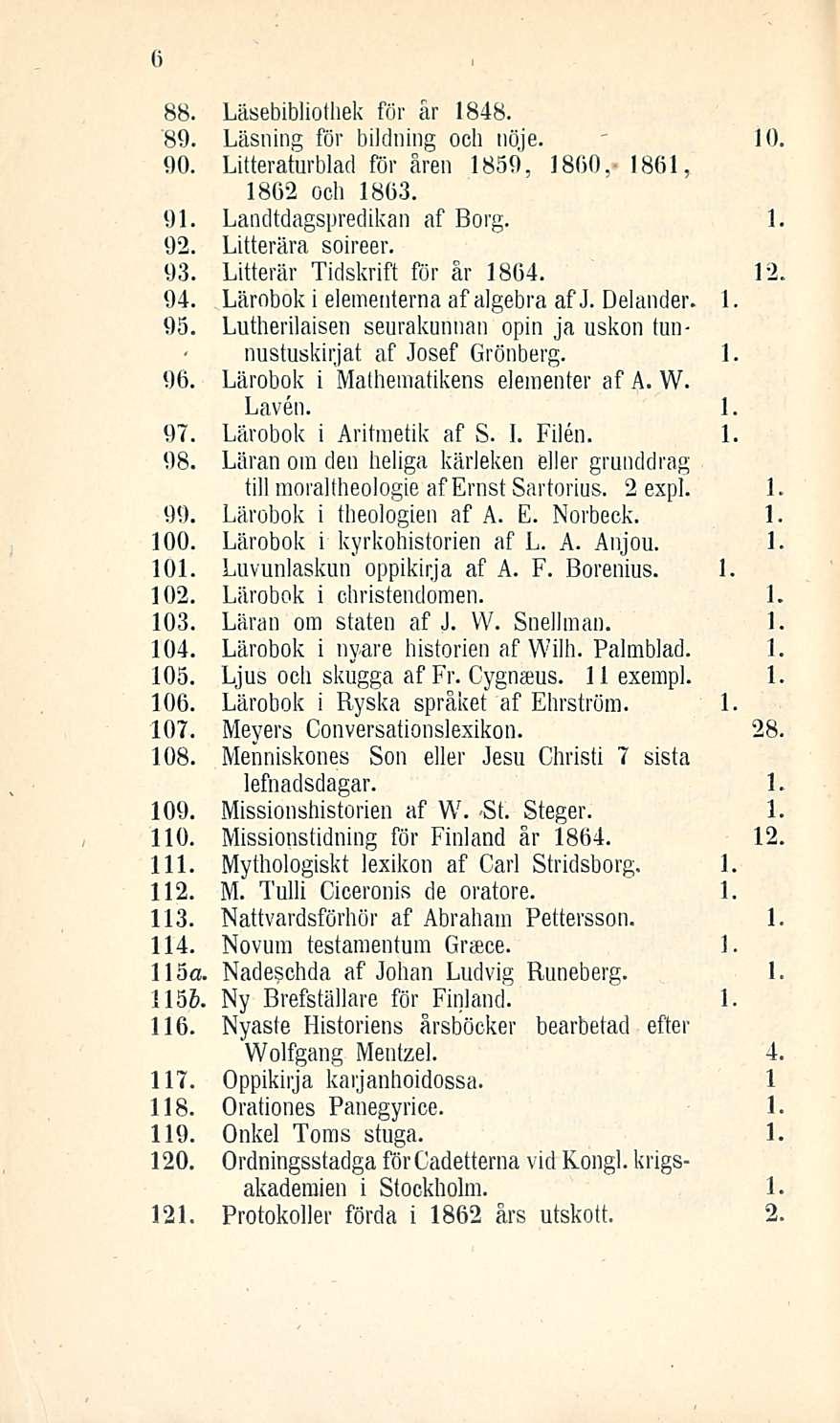 88. Läsebibliothek för är 88. 89. Läsning för bildning ooh nöje 0, 90. Litteraturblad för åren 859, 800,- 86, 862 och 863. 9. Landtdagspredikan af Borg. 92. Litterära soireer. 93.