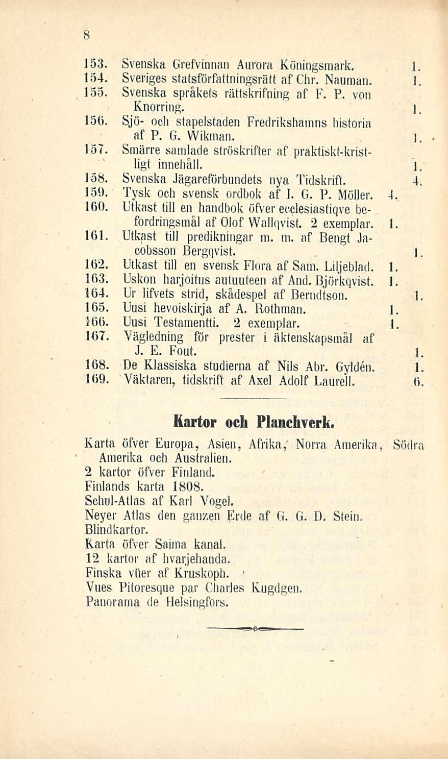 53. Svenska Grefvinnan Aurora Köningsraark. 5. Sveriges statsförfattningsrätt af Chr. Nauman. 55. Svenska språkets rättskrifning af F. P. von Knorring. 56.