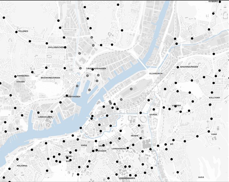 STOMKOLLEKTIVTRAFIK Kartläggning av hållplatser för stombuss och spårvagnstrafik utgörs av befintligt nät samt förändrade hållplatslägen för Backa, Frihamnen och Gullbergsvass.