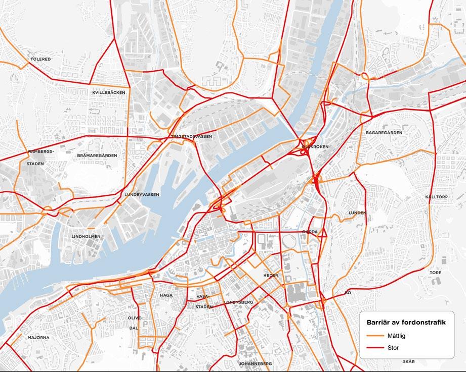 En karta redovisar biltrafikstråk och en karta redovisar passager över dessa. Observera att tunnlar inte är borttagna ur analysen. Götatunneln, Tingstadtunneln och Lunbytunneln finns t.ex. angivna.