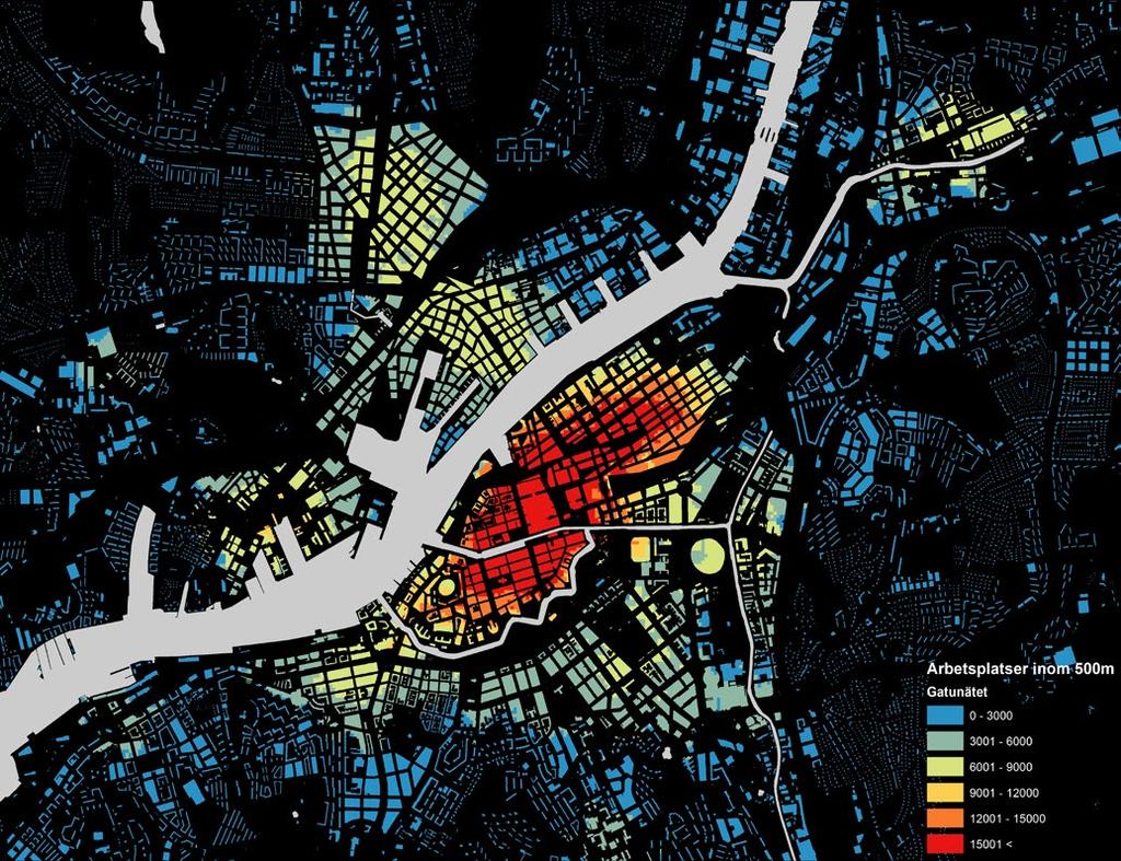 AVSTÅND TILL BEFOLKNING OCH ARBETSPLATSER VIA GATUNÄTET Kartorna nedan redovisar tillgängligheten till boende och till arbetsplatser via gatunätet inom en räckvidd på 500 m via gångnätet.