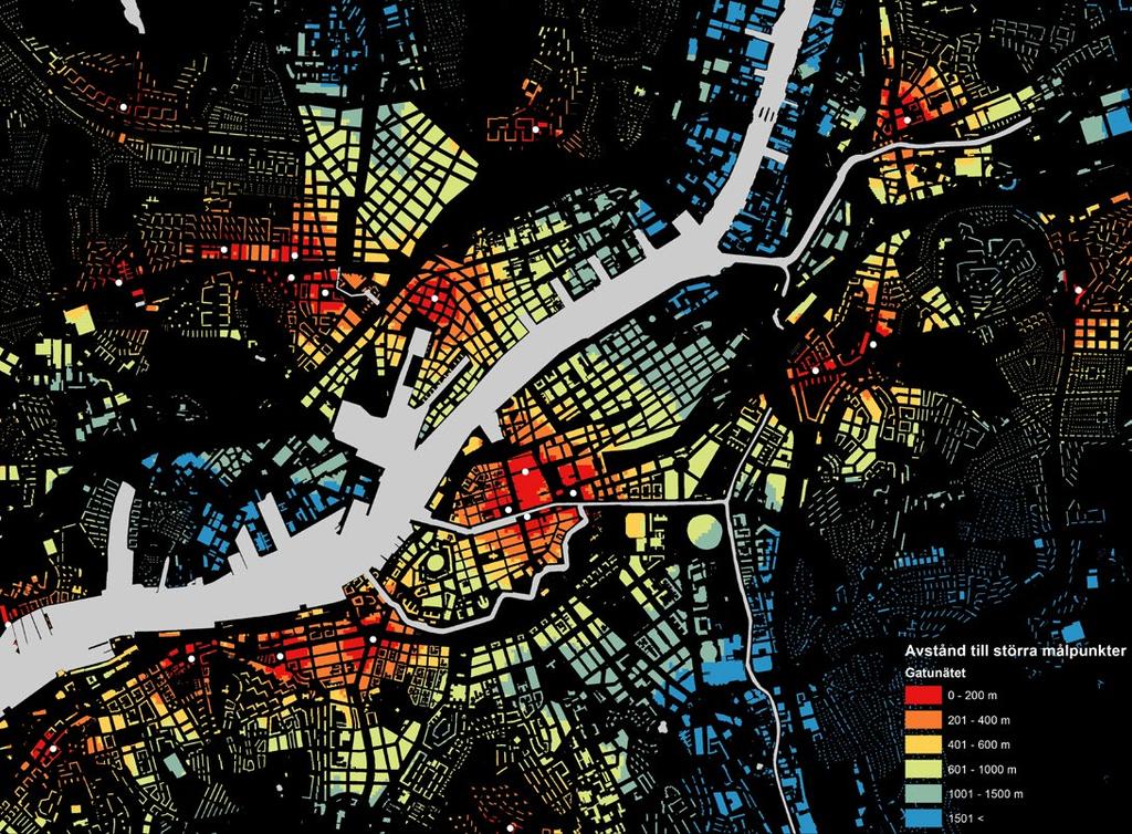 AVSTÅND TILL CENTRUM OCH STADSDELSTORG VIA GATUNÄTET Kartan till höger redovisar tillgängligheten till centrum och till stadsdelstorg via gatunätet.