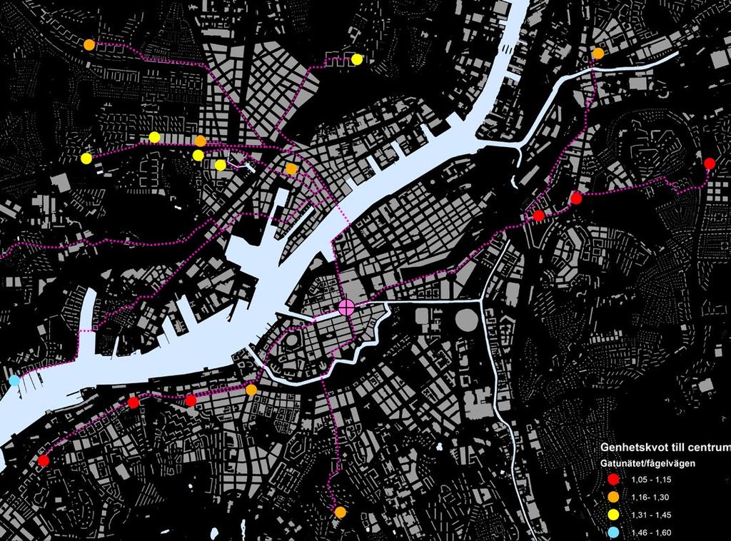 GENHETSKVOT TILL CENTRUM VIA GATUNÄTET Kartan till höger redovisar genhetskvoten (gångavstånd/fågelavstånd) mellan stadsdelstorg och centrum.