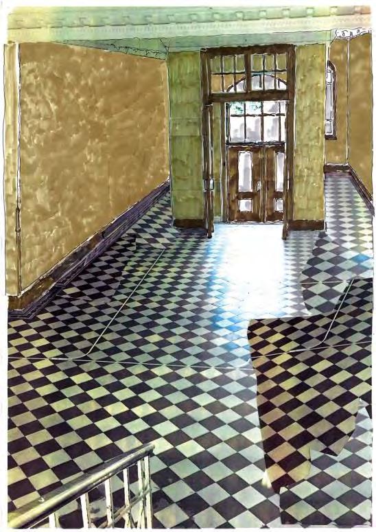 Kyrkskolan, Hässleholm Fotomontage/illustration av entréhall och trappa baserat på underliggande färgskikt på putsade väggar såväl som på snickerier har entréhallen här fått en annan färgsättning.