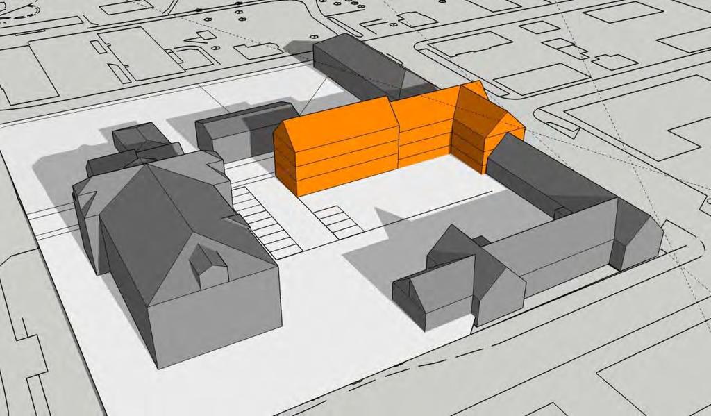 Kyrkskolan, Hässleholm 3D-skiss som visar hur Hässleholms kommun önskar förtäta fastighetens sydöstra hörn.