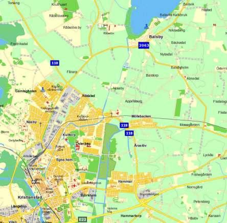 Karta över Skåne län med Kristianstad kommun grönmarkerad och Nosaby