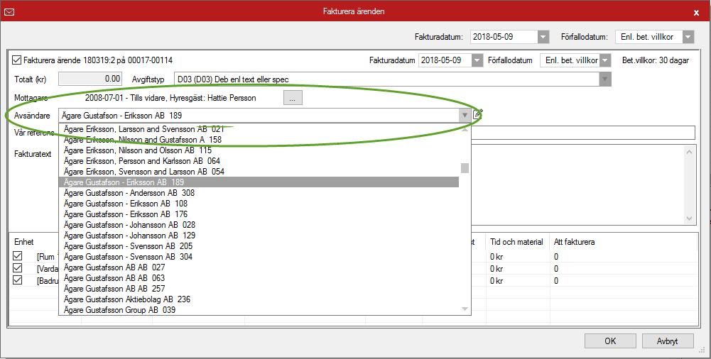 BYTA AVSÄNDARE PÅ FAKTURA PÅ ÄRENDE ELLER BESIKTNING Det är nu möjligt att, via dialogen för att skapa en direktfaktura för en besiktning