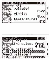 Informationsmeny 1 DC Bus spänning (113) 2 DC Bus rippelström (134) 3 Drive temperatur (114)) Vid