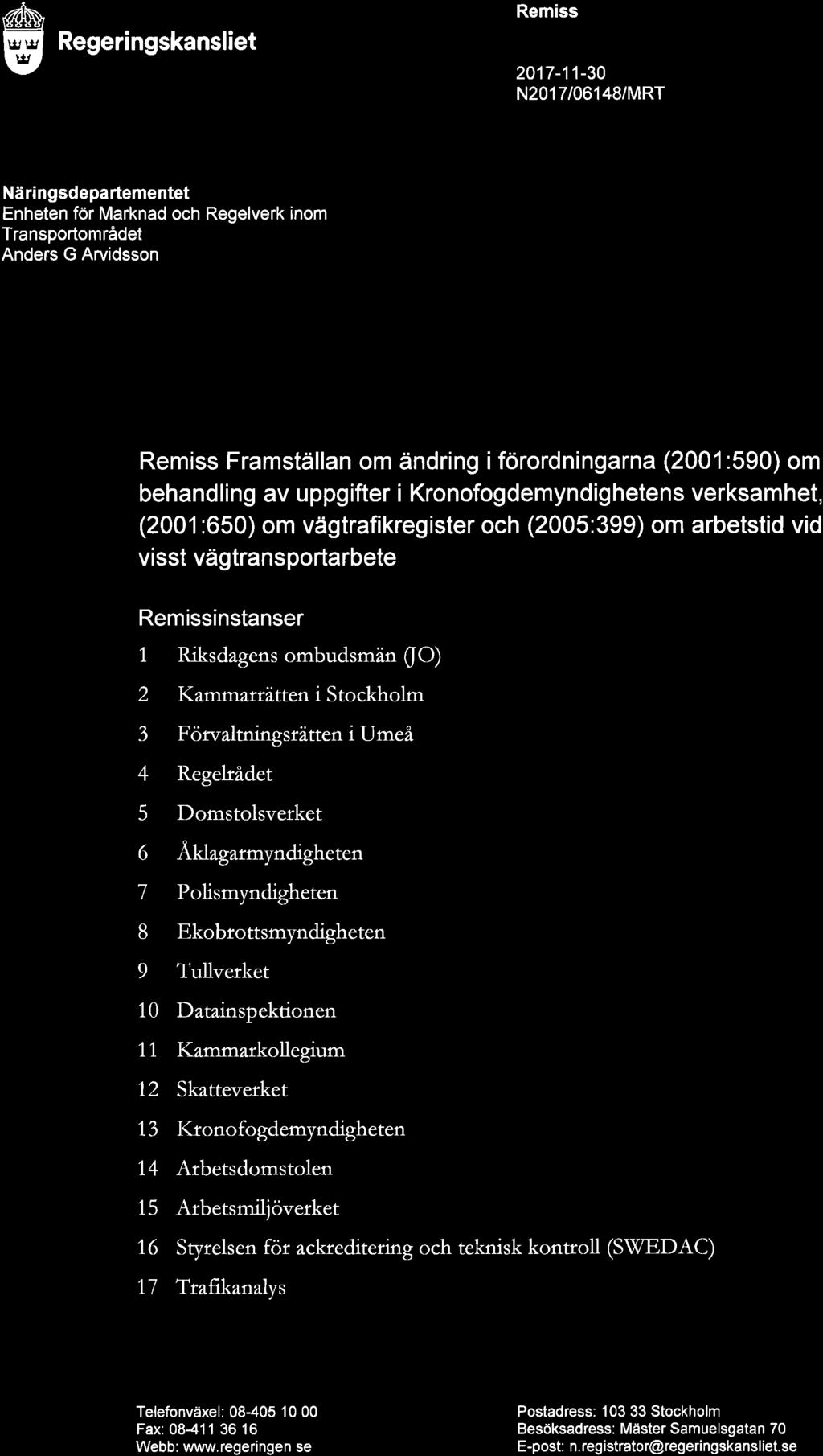 Remiss Regeringskansliet 2017-11-30 N2017/06148/MRT,A» \lc\u l _. 4> H U),_x N Näringsdepartementet Enheten för Marknad och Regelverk inom Transportområdet Anders G Arvidsson >_x.