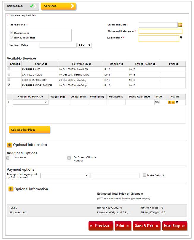 4. Fyll i samtliga obligatoriska fält markerad med asterisk (*) med information om försändelsen. Klicka på Next Step.