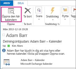 Dela kalender 1. Under gruppen Delning på Startmenyn (se bild ovan) välj Dela kalender. 2. I e-postmeddelandet som öppnas, fyll i namnet på den person du önskar dela kalender med i rutan Till.