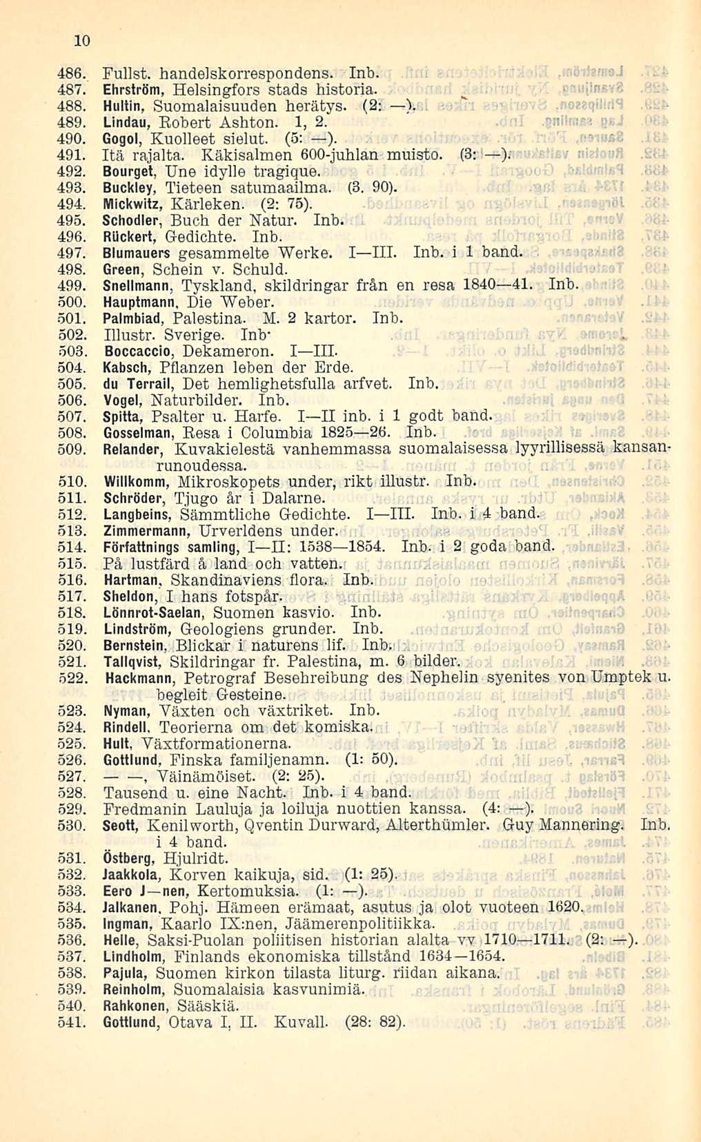 Väinämöiset. 10 486. Fullst. handelskorrespondens. Inb. 487. Ehrström, Helsingfors stads historia. 488. Hultin, Suomalaisuuden herätys. (2: V 489. Lindau, Eobert Ashton. 1, 2. 490.