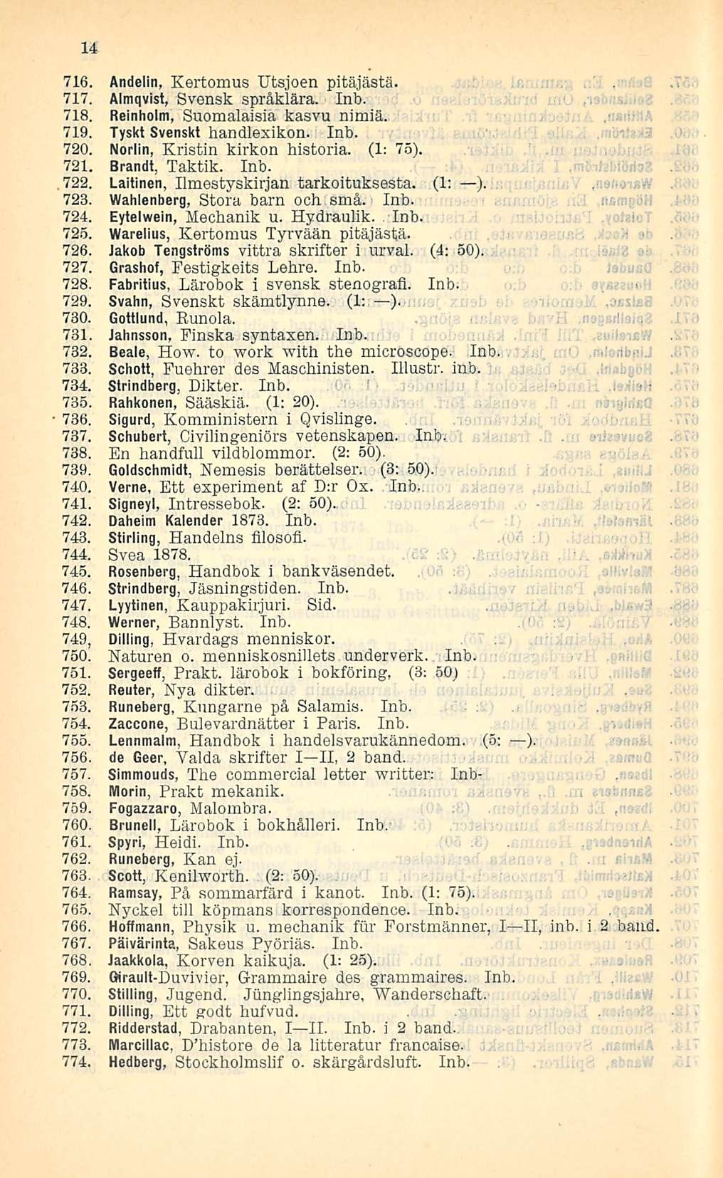 14 716. Andelin, Kertomus Utsjoen pitäjästä. 717. Almqvist, Svensk språklära. Inb. 718. Reinholm, Suomalaisia kasvu nimiä. 719. Tyskt Svenskt handlexikon. Inb. 720. Noriin, Kristin kirkon historia.