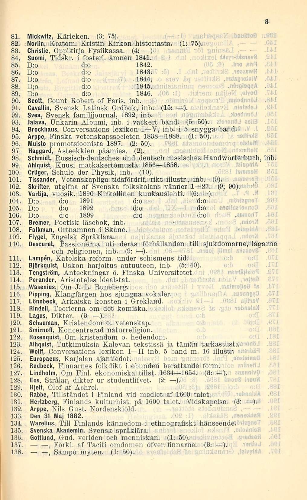 81. Mickwitz, Kärleken. (3: 75)..82. : Noriin, KeJtom. Kristin Kirkon historiasta. (1: 75). 83. Christie, Oppikirja Fysiikassa. (4: )- 84. Suomi, Tidskr. i fosterl. ämnen'lb4l. 85. D:o d:o 1842. 86.