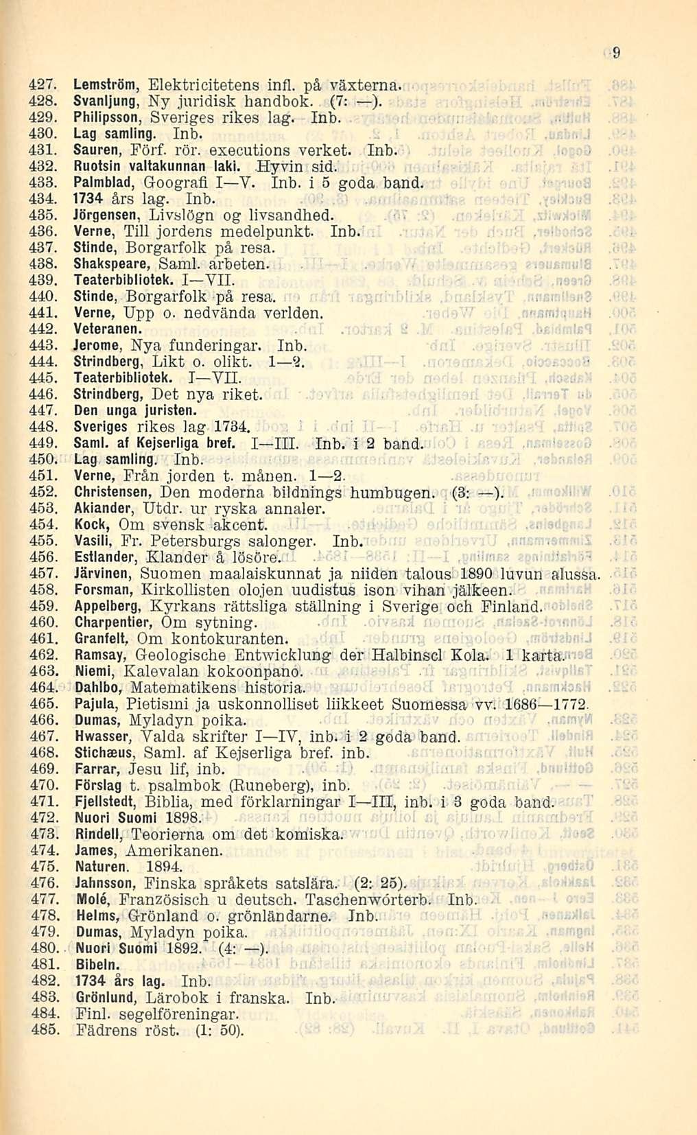 427. Lemström, Elektricitetens infl. på växterna. 428. Svanljung, Ny juridisk handbok. (7: ). 429. Philipsson, Sveriges rikes lag. Inb. 430. Lag samling. Inb. 431. Sauren, Förf. rör.