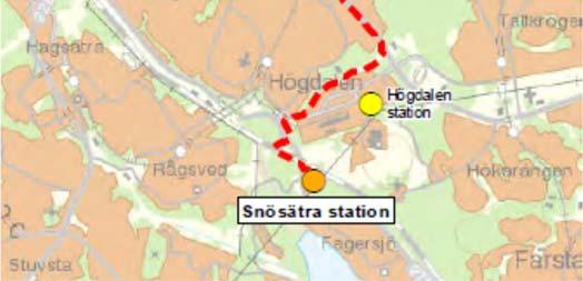 söderut till Högdalens industriområde. Norr om industriområdet viker förbindelsen av västerut och följer gång- och cykelvägar genom Trollesundsskogen.