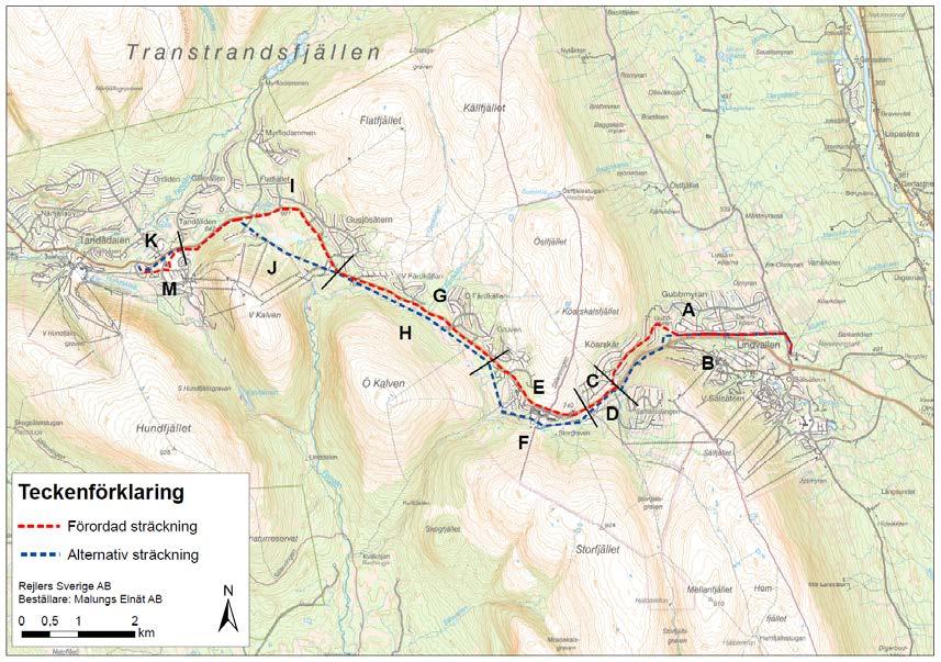 G Sträckning följer riksväg 66 så nära som möjligt för att minimera påverkan på vattendrag och våtmarker. H Följer befintlig ledningsgata med stor risk för skador på våtmark och vattendrag.