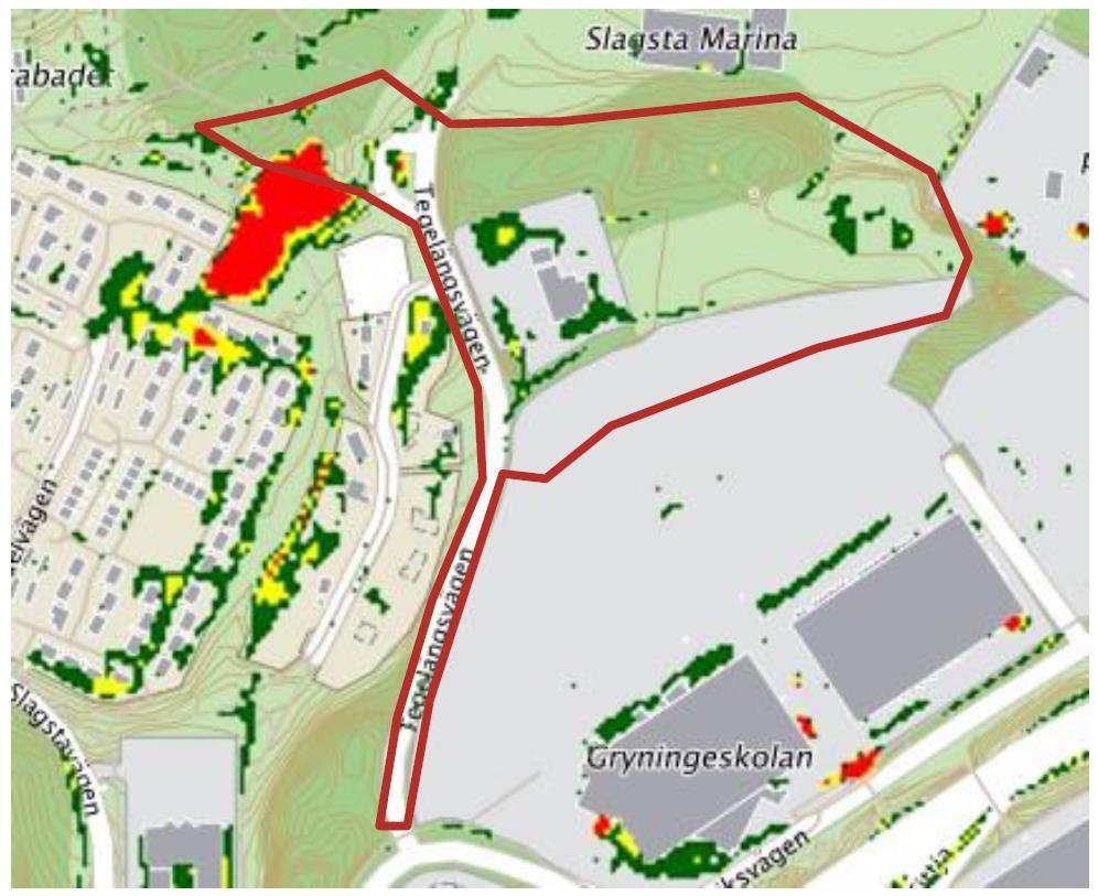 BOTKYRKA KOMMUN Samhällsbyggnadsförvaltningen Planenheten PLANBESKRIVNING 2018-04-24 34 [66] sbf/2017:247 Figur 13: Skyfallskartering med beräknade maximala vattendjup vid 100-årsregn (rött >0,5 m,