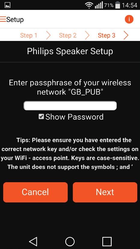 7 Ange lösenordet för ditt Wi-Fi-nätverk och tryck på Nästa. 9 Vänta tills strömstatusindikatorn på AW9000 lyser med fast vitt sken.
