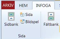 Välj kategorin Infoga - Sidbank. En lista visas med alla färdiga sidor.