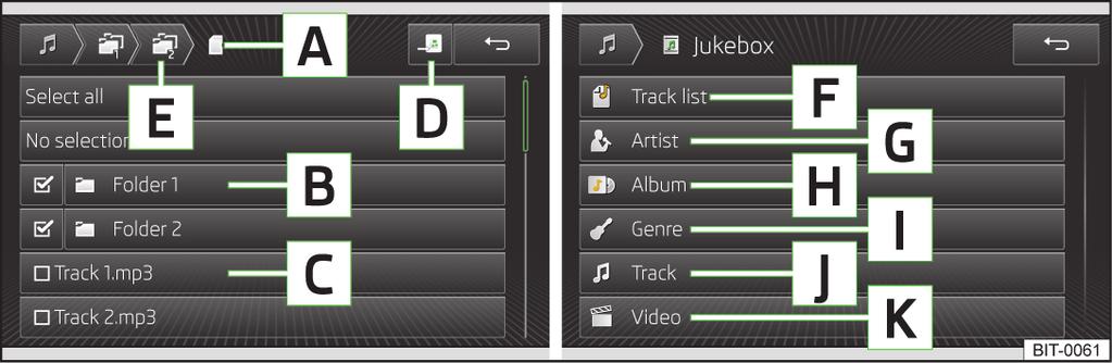 Jukebox Ta bort filer Funktionen är tillgänglig då det finns ljud- resp. videofiler i jukeboxen. Tryck på knappen MEDIA Förvalta jukeboxen Radera. En meny med tillgängliga media visas.
