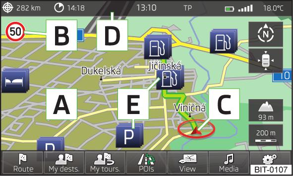 Kartvisning Inledande information - Visning av översiktskarta till målet (efter färdvägsberäkning visas färdvägen från bilens position till målet, kartskalan anpassas efter körsträckan) Dag/natt -