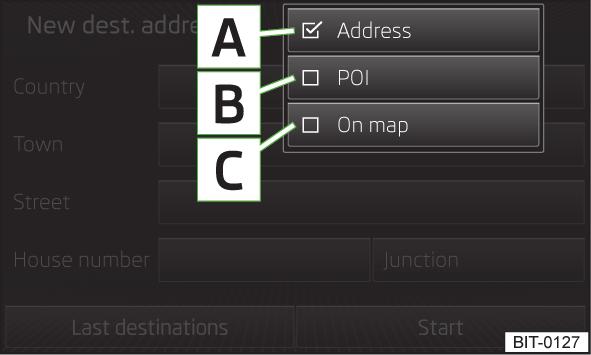 Navigation Adress Mata in nytt mål Bild 34 Målinmatning genom adress Möjligheter till målinmatning Bild 33 Möjligheter till målinmatning I huvudmenyn för navigationsläget, tryck på Alternativ Adress